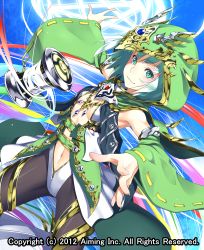Rule 34 | 10s, 2012, armpits, blue sky, dated, detached sleeves, green eyes, green hair, hood, kentairui, looking at viewer, lord of knights, magic, magic circle, midriff, navel, official art, outstretched arm, sky, smile, solo, spool, watermark