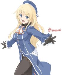 Rule 34 | 1girl, ascot, atago (kancolle), beret, black gloves, black hair, blonde hair, blue eyes, blue hat, blue shirt, blue skirt, emuwai, gloves, hat, highres, kantai collection, military uniform, one-hour drawing challenge, shirt, simple background, skirt, smile, solo, twitter username, uniform, white ascot, white background