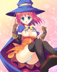 Rule 34 | 1girl, :o, alice wishheart, black thighhighs, blush, bow, breasts, breasts out, cape, choker, clothes pull, dress pull, earrings, elbow gloves, gloves, green eyes, hat, jewelry, looking at viewer, magical halloween, medium breasts, miniskirt, naruse mamoru, nipples, no bra, orange skirt, panties, pink hair, pleated skirt, short hair, skirt, solo, sparkle, star (symbol), star earrings, striped clothes, striped panties, striped skirt, thighhighs, underwear, witch hat, yellow bow