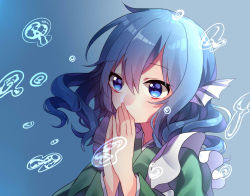 Rule 34 | 1girl, animal ears, blue eyes, blue hair, bubble, commentary request, drill hair, fins, fish tail, head fins, japanese clothes, kimono, long sleeves, mermaid, monster girl, one-hour drawing challenge, renka (sutegoma25), solo, tail, touhou, underwater, wakasagihime, wide sleeves