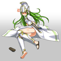 Rule 34 | 1girl, anger vein, athena (p&amp;d), barefoot, blush, cum, cum on body, cum on lower body, gradient background, green hair, long hair, puzzle &amp; dragons, red eyes, sandals, shoes, single shoe, solo, wavy mouth, zaxwu