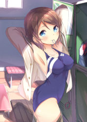 Rule 34 | 10s, 1girl, arms behind head, arms up, ass, blue eyes, blush, brown hair, chm (macharge), collarbone, competition swimsuit, female focus, impossible clothes, locker, locker room, long sleeves, love live!, love live! school idol project, love live! sunshine!!, mouth hold, one-piece swimsuit, short hair, solo, swimsuit, watanabe you