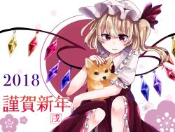 Rule 34 | 1girl, 2018, animal, blonde hair, chinese zodiac, closed mouth, collared shirt, crystal, dog, feet out of frame, fingernails, flandre scarlet, frilled shirt collar, frilled skirt, frilled sleeves, frills, hand on animal, happy new year, hat, holding, holding animal, kuromame1025, light smile, medium hair, mob cap, multicolored wings, nail polish, new year, one side up, pink background, puffy short sleeves, puffy sleeves, red eyes, red nails, red skirt, red vest, sharp fingernails, shirt, short sleeves, simple background, skirt, solo, touhou, vest, white background, white hat, white shirt, wings, year of the dog