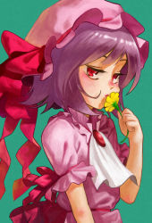 Rule 34 | 1girl, ascot, blush, brooch, flower, green background, hand up, hat, hat ribbon, holding, holding flower, jewelry, looking at viewer, mob cap, no wings, pink hat, puffy short sleeves, puffy sleeves, purple hair, red eyes, red ribbon, remilia scarlet, ribbon, short hair, short sleeves, sidelocks, smelling, smelling flower, solo, touhou, upper body, user pcug8845, yellow flower