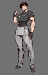 Rule 34 | 1girl, abs, arm at side, black gloves, black shirt, blue eyes, breasts, brown hair, choker, clenched hand, deep skin, fingerless gloves, full body, gloves, grey background, grey footwear, grin, head tilt, highres, huge breasts, impossible clothes, impossible pants, impossible shirt, jankojaro, lips, looking at viewer, muscular, muscular female, navel, original, outline, pants, pendant choker, shiny clothes, shiny skin, shirt, shoes, short hair, short sleeves, simple background, sketch, smile, solo, swept bangs, tight clothes, tight pants