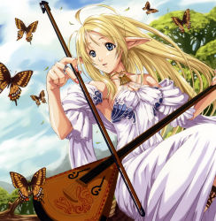 Rule 34 | 1girl, absurdres, ahoge, armpits, balalaika (instrument), blonde hair, blue eyes, bow (music), bug, butterfly, dress, eiwa, elf, highres, bug, instrument, jewelry, long hair, nail polish, nature, necklace, pink nails, pointy ears, ring, solo