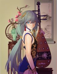 Rule 34 | 1girl, absurdres, beads, blue eyes, china dress, chinese clothes, dress, flower, from side, fu hua, fu hua (blue swallow), fu hua (valkyrie accipiter), grey hair, hair ornament, highres, holding, holding instrument, honkai (series), honkai impact 3rd, instrument, long hair, looking at viewer, print dress, tutou jiang, vase