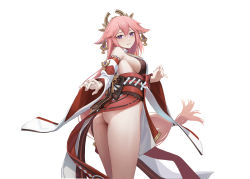 Rule 34 | 1girl, absurdres, animal ears, ass, bare shoulders, breasts, commentary request, day, detached sleeves, earrings, fox ears, genshin impact, hair between eyes, hair ornament, highres, japanese clothes, jewelry, long hair, long sleeves, looking at viewer, looking back, medium breasts, miko, nail polish, obi, parted lips, pink hair, pink nails, red sash, sash, sideboob, simple background, smile, solo, standing, very long hair, white background, wide sleeves, yae miko, yizhirenben