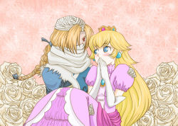 Rule 34 | 2girls, androgynous, bandages, blue eyes, blush, braid, carrying, crown, elbow gloves, female focus, flower, gloves, hair over one eye, long hair, mario (series), multiple girls, nintendo, princess carry, princess peach, red eyes, reverse trap, sheik, super smash bros., surcoat, the legend of zelda, the legend of zelda: ocarina of time, yuri