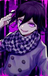 Rule 34 | 1boy, blood, blood splatter, buttons, checkered clothes, checkered scarf, danganronpa (series), danganronpa v3: killing harmony, hair between eyes, looking at viewer, lower teeth only, male focus, multicolored buttons, oma kokichi, open mouth, pink blood, purple eyes, purple hair, raised eyebrow, scarf, short hair, smile, solo, teeth, wavy hair, yaguranomon