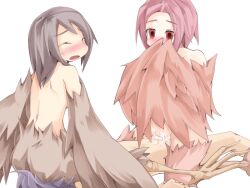 Rule 34 | 1boy, 2girls, bird legs, blush, bmp-to-png conversion, brown feathers, brown hair, brown wings, censored, closed eyes, completely nude, cowgirl position, feathered wings, feathers, girl on top, harpy, harpy twins (mon-musu quest!), hetero, long hair, luka (mon-musu quest!), mon-musu quest!, monster girl, mosaic censoring, multiple girls, non-web source, nude, open mouth, pii (mon-musu quest!), pina (mon-musu quest!), pink hair, purple hair, red eyes, red feathers, red wings, sex, sitting, sitting on face, sitting on person, straddling, transparent background, winged arms, wings