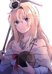 Rule 34 | 1girl, amot 211, blonde hair, blue eyes, blush, braid, breasts, cleavage, crown, dress, french braid, globus cruciger, hair between eyes, highres, holding, jewelry, kantai collection, long hair, long sleeves, mini crown, necklace, off-shoulder dress, off shoulder, simple background, smile, solo, upper body, warspite (kancolle), white background