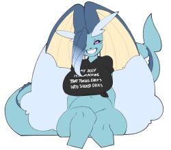 Rule 34 | 1girl, :3, animal nose, arms behind back, black sclera, black shirt, blue hair, blue skin, blush, bottomless, breasts, cetacean tail, clothes writing, colored sclera, colored skin, commission, creatures (company), crop top, cropped legs, dorianm bc, english text, female focus, fins, fish girl, fish tail, flat color, fuck-me shirt, furry, furry female, fusion, game freak, gen 1 pokemon, gen 4 pokemon, grin, hair over one eye, half-closed eyes, happy, huge breasts, knees together feet apart, light blush, long ears, looking at viewer, lopunny, meme attire, navel, nintendo, one eye covered, pink eyes, pokemon, pokemon (creature), rabbit ears, rabbit girl, shirt, short sleeves, simple background, sitting, smile, solo, straight-on, tail, teeth, tied shirt, vaporeon, vaporunny, white background, wide hips