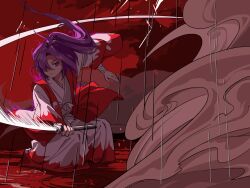Rule 34 | 1girl, ambiguous red liquid, bandages, commentary, fighting stance, floating hair, hair over one eye, hakama, hakama pants, highres, japanese clothes, kaigen 1025, kataginu, kimono, long hair, meira (touhou), pants, ponytail, purple eyes, purple hair, rain, red sky, ripples, sky, solo, swinging, sword, touhou, touhou (pc-98), weapon