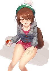 Rule 34 | 1girl, bag, breasts, brown eyes, brown hair, cardigan, cleavage, collarbone, commentary request, creatures (company), game freak, gloria (pokemon), green hat, grey cardigan, hair between eyes, hat, holding, holding poke ball, long sleeves, looking at viewer, medium breasts, nintendo, open mouth, poke ball, poke ball (basic), pokemon, pokemon swsh, shorts, simple background, sitting, solo, tam o&#039; shanter, thighs, white background, z.o.b