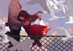 Rule 34 | 1girl, bird, black pants, blue sky, brown hair, closed eyes, cloud, coat, dove, fence, head out of frame, highres, holding, hug, long hair, original, out of frame, pants, red coat, red neckwear, redum4, shirt, sky, white shirt