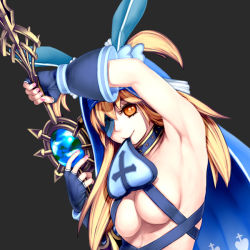 Rule 34 | 1girl, animal ears, arm up, armpits, black background, blonde hair, breasts, cleavage, collar, cross, elbow gloves, envenomist (gengoroumaru), eyepatch, fingerless gloves, from side, gloves, habit, head tilt, heart, heart print, holding, holding weapon, large breasts, light smile, long hair, looking at viewer, lucent heart, mouth hold, nail polish, nun, orange eyes, pink nails, planet, rabbit ears, revealing clothes, sekai (lucent heart), sideboob, simple background, smile, solo, spikes, staff, studded collar, two side up, underboob, upper body, weapon, yellow eyes