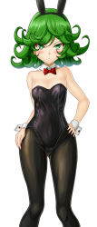 Rule 34 | 1girl, animal ears, black leotard, black pantyhose, bow, bowtie, cowboy shot, curly hair, detached collar, fake animal ears, flat chest, green eyes, green hair, hand on own hip, leotard, looking at viewer, one-punch man, pantyhose, playboy bunny, rabbit ears, red bow, red bowtie, short hair, simple background, solo, strapless, strapless leotard, taka (takahirokun), tatsumaki, white background, wide hips, wrist cuffs