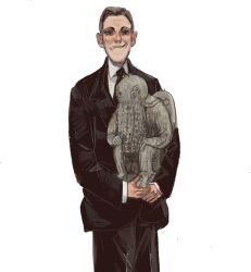 Rule 34 | 1boy, black jacket, black necktie, black pants, black suit, blazer, brown hair, closed mouth, collared shirt, cthulhu, formal, h.p. lovecraft, highres, holding, jacket, lapels, long sleeves, looking at viewer, male focus, mossacannibalis, necktie, original, pants, shirt, short hair, simple background, smirk, solo, standing, statue, suit, suit jacket, white background, white shirt, wing collar