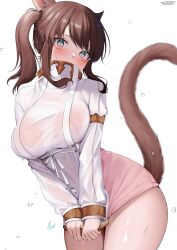 Rule 34 | 1girl, absurdres, animal ears, blush, braid, breasts, brown hair, cat ears, cat girl, cat tail, commentary request, covered mouth, cowboy shot, dress, dress tug, facial mark, final fantasy, final fantasy xiv, grey eyes, highres, large breasts, long hair, long sleeves, looking at viewer, miqo&#039;te, shhilee, short dress, side ponytail, sidelocks, simple background, solo, sweat, tail, warrior of light (ff14), wet, wet clothes, wet dress, whisker markings, white background, white dress