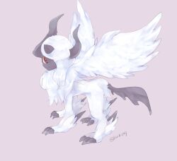 Rule 34 | absol, animal focus, artist name, closed mouth, creatures (company), expressionless, feathered wings, fluffy, from side, full body, game freak, gen 3 pokemon, hair over one eye, looking at viewer, mega absol, mega pokemon, natsumekan, neck fur, nintendo, no humans, one eye covered, pokemon, pokemon (creature), purple background, red eyes, short hair, sidelocks, signature, simple background, solo, standing, twitter username, white hair, white wings, wings