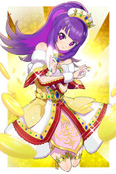 Rule 34 | 1girl, bare shoulders, belt, blunt bangs, blush, border, capelet, closed mouth, coin, commentary request, crossed arms, crown, dress, fur-trimmed dress, fur trim, glowing, gold trim, hanazono shuka, hands up, idol clothes, idol time pripara, long hair, looking at viewer, microphone, moudoku (decopon3rd), ok sign, ponytail, pretty series, pripara, purple eyes, purple hair, smile, solo, sparkle, standing, white border, yellow background, yellow belt, yellow dress