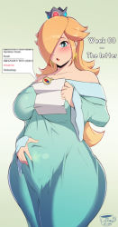 Rule 34 | 1girl, aqua dress, artist name, bare shoulders, belly grab, blonde hair, blue eyes, blush, breasts, coffeeslice, collarbone, cowboy shot, crown, curvy, dress, earrings, gradient background, groin, hair over one eye, hand on own stomach, highres, jewelry, large breasts, long hair, looking down, mario (series), nintendo, paper, parted lips, pregnancy test, pregnant, rosalina, sidelocks, signature, simple background, solo, standing, super mario galaxy, thick thighs, thighs, tight clothes, tight dress, wide hips