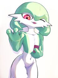 Rule 34 | 1girl, absurdres, bob cut, chromatic aberration, claw pose, collarbone, colored skin, cowboy shot, creatures (company), drop shadow, female focus, flat chest, game freak, gardevoir, gen 3 pokemon, green hair, green skin, hair between eyes, hand on own chest, hands up, happy, highres, looking at viewer, multicolored skin, navel, nintendo, noconcession, one eye closed, open mouth, pokemon, pokemon (creature), red eyes, sharp teeth, short hair, simple background, smile, solo, standing, stomach, teeth, two-tone skin, white background, white skin, wink