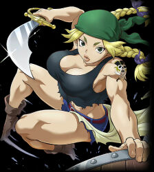 Rule 34 | 1girl, abs, alternate costume, attack, barrel, blonde hair, boots, breasts, dr. stone, female focus, green eyes, hanada nikki, hat, highres, jumping, large breasts, looking at viewer, muscular, muscular arms, muscular female, muscular legs, pirate, pirate costume, pirate hat, solo, sword, tattoo, thick thighs, thighs, weapon