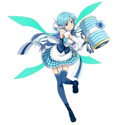 Rule 34 | 1girl, absurdres, apron, asuna (sao-alo), blue dress, blue eyes, blue hair, blue ribbon, dress, elbow gloves, floating hair, full body, garter straps, gloves, green wings, hair ribbon, hammer, highres, holding, holding hammer, leaning forward, leg up, long hair, looking at viewer, maid, pointy ears, ribbon, short dress, smile, solo, standing, standing on one leg, sword art online, thighhighs, transparent background, very long hair, white apron, white gloves, white ribbon, wings