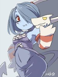 Rule 34 | 1girl, blue hair, blue skin, colored skin, detached collar, detached sleeves, dress, hair over one eye, half-closed eyes, hand on own hip, leviathan (skullgirls), mtk hoshi, red eyes, side ponytail, skullgirls, solo, squigly (skullgirls), stitched mouth, stitches, striped sleeves, upper body, wide hips, wide sleeves, zombie
