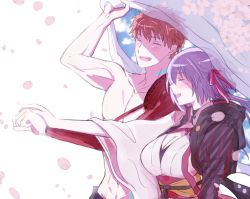 Rule 34 | 1boy, 1girl, abs, blush, breasts, cape, cherry blossoms, cleavage, commentary, couple, craft essence (fate), dress, emiya shirou, fate/grand order, fate/stay night, fate (series), floating, hair ribbon, heaven&#039;s feel, holding, holding hands, igote, japanese clothes, large breasts, levitation, limited/zero over, long hair, long sleeves, matou sakura, matou sakura (imaginary around), obi, orange hair, polka dot, polka dot legwear, purple hair, raglan sleeves, red hair, red ribbon, ribbon, sash, short hair, single bare shoulder, smile, sunameri ai, topless male
