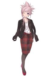 Rule 34 | 1girl, ;), absurdres, asymmetrical hair, black jacket, black pantyhose, blouse, blue eyes, collarbone, contemporary, earrings, fate/grand order, fate (series), full body, hane yuki, head tilt, high heels, highres, jacket, jewelry, long hair, long sleeves, looking at viewer, medium skirt, miyamoto musashi (fate), one eye closed, open clothes, open jacket, pantyhose, pencil skirt, pink hair, pumps, red footwear, red skirt, shirt, simple background, skirt, smile, solo, white background, white shirt