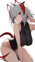 Rule 34 | 1girl, ahoge, antennae, arasaka inu, arknights, armpit crease, armpits, bare legs, bare shoulders, barefoot, black leotard, blush, breasts, commentary request, demon girl, demon horns, demon tail, grey hair, hand up, highleg, highleg leotard, highres, horns, kneeling, large breasts, leotard, looking at viewer, orange eyes, red horns, revision, short hair, sleeveless turtleneck leotard, smile, solo, tail, thick thighs, thighs, v, w (arknights)