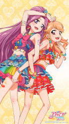 Rule 34 | 10s, 2girls, :d, absurdres, aikatsu!, aikatsu! (series), arm tattoo, arm up, armlet, armpits, back-to-back, bare legs, bare shoulders, beads, blue bow, blush, body blush, body writing, bow, bracelet, breasts, clothes writing, clubs, colorful, copyright name, cowboy shot, crop top, crop top overhang, diamond (shape), earrings, finger to mouth, flipped hair, floral print, from side, glitter, gradient background, hair bow, hand on own chin, heart, high ponytail, highres, ishikawa kayoko, jewelry, kanzaki mizuki, layered skirt, lips, locked arms, logo, long hair, looking at viewer, midriff, multicolored clothes, multicolored hair, multicolored skirt, multiple girls, nail polish, narrow waist, natsuki mikuru, navel, necklace, official art, open mouth, orange background, orange hair, palm tree, parted bangs, pearl bracelet, pearl necklace, pendant, pink bow, pink hair, pink nails, ponytail, purple eyes, purple hair, rainbow order, red eyes, red nails, scan, sidelocks, skirt, sleeveless, small breasts, smile, spade, sparkle, standing, stomach, streaked hair, stroking own chin, swept bangs, tank top, tattoo, teeth, tree, two-tone hair, very long hair, weapon
