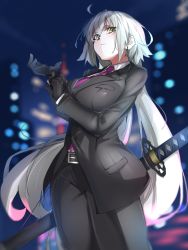 Rule 34 | 1girl, adjusting clothes, adjusting gloves, ahoge, belt, breasts, city, fate/grand order, fate (series), formal, gloves, grey hair, highres, jeanne d&#039;arc alter (fate), katana, large breasts, long hair, looking at viewer, necktie, pale skin, ri o ne su, serious, sheath, solo, suit, sword, very long hair, weapon, wide hips, yellow eyes