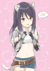 Rule 34 | 1girl, animal ear fluff, animal ears, armor, belt, bishie sparkle, black hair, blush, breastplate, commentary request, detached sleeves, fingerless gloves, fur scarf, gloves, hair between eyes, highres, long hair, looking at viewer, midriff, navel, pauldrons, pink background, princess connect!, shiori (princess connect!), shoulder armor, solo, sparkle background, spoken blush, tail, tiger ears, tiger tail, yazi114, yellow eyes