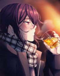 Rule 34 | 1boy, alternate costume, alternate hairstyle, black jacket, blurry, blurry background, blush, cheer (cheerpuppy14), commentary, cup, danganronpa (series), danganronpa v3: killing harmony, english commentary, from side, highres, holding, holding cup, jacket, long sleeves, oma kokichi, open clothes, open jacket, pink eyes, plaid, plaid scarf, profile, scarf, short hair, solo