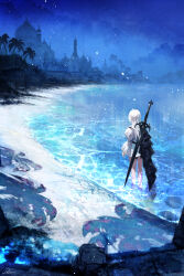 Rule 34 | 1girl, beach, building, cape, concept art, dress, fantasy, fm, from above, from behind, highres, kurasuta, long hair, night, night sky, official art, original, outdoors, palm tree, partially submerged, sand, scenery, shadow, shore, sky, sword, sword behind back, tree, water, weapon, white dress, white hair, wide sleeves