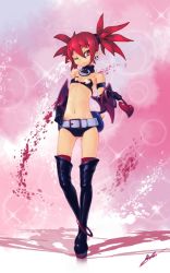 Rule 34 | 1girl, boots, bracelet, demon tail, disgaea, earrings, etna (brs-etna), etna (disgaea), jewelry, navel, nippon ichi, one eye closed, red eyes, red hair, short hair, skull, smile, solo, tail, thigh boots, thighhighs, twintails, wink