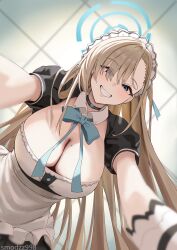 Rule 34 | 1girl, asuna (blue archive), blue archive, blue eyes, breasts, brown hair, cleavage, from below, halo, highres, large breasts, long hair, looking at viewer, maid, maid headdress, smile, smodzz998, solo