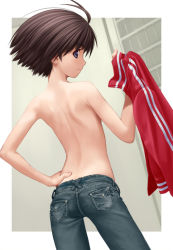 Rule 34 | 1girl, androgynous, antenna hair, arched back, ass, back, blue eyes, brown hair, denim, double vertical stripe, dutch angle, female focus, hand on own hip, hip focus, holding, holding clothes, idolmaster, idolmaster (classic), jacket, unworn jacket, jeans, kikuchi makoto, looking back, nekopuchi, pants, profile, reverse trap, short hair, smile, solo, tomboy, topless, track jacket, undressing