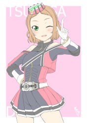 Rule 34 | 1girl, absurdres, belt, brown hair, bunji, character name, commentary request, english text, gloves, green eyes, hand on own hip, hat, highres, kamen rider, kamen rider dcd, kamen rider decade, kira tsubasa, long sleeves, looking at viewer, love live!, love live! school idol project, miniskirt, one eye closed, pointing, pointing up, rider-tan, rider belt, short hair, sidelocks, signature, skirt, solo, white gloves