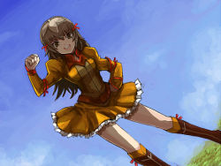 Rule 34 | 00s, 1girl, belt, blue sky, boots, breasts, brown eyes, brown footwear, brown hair, clenched hand, dress, dutch angle, frilled dress, frills, hair ornament, hair ribbon, hand on own hip, hand up, kara (color), knee boots, long hair, long sleeves, looking at viewer, open mouth, puffy sleeves, re mii, red ribbon, ribbon, short dress, sky, smile, solo, standing, yellow dress, zoids, zoids genesis