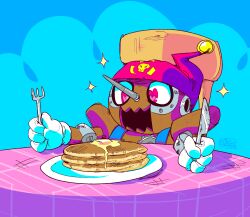Rule 34 | 1boy, digimon, digimon (creature), food, hat, highres, male focus, open mouth, pancake, pancake stack, pinochimon, skull, smile, solo