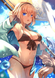Rule 34 | 1girl, arm up, armpits, artist name, bikini, bird, black bikini, black hairband, blonde hair, blue eyes, blue jacket, blue sky, blush, braid, breasts, cleavage, cloud, cloudy sky, collarbone, cowboy shot, day, facebook username, fate/grand order, fate (series), fingernails, flag, front-tie bikini top, front-tie top, hair between eyes, hairband, highres, holding, holding flag, jacket, jeanne d&#039;arc (fate), jeanne d&#039;arc (ruler) (fate), jeanne d&#039;arc (swimsuit archer) (fate), jeanne d&#039;arc (swimsuit archer) (first ascension) (fate), large breasts, long hair, long sleeves, looking at viewer, medium breasts, navel, nose blush, open clothes, open jacket, open mouth, outdoors, pixiv id, round teeth, sidelocks, single braid, sky, solo, standing, swimsuit, teeth, twitter username, upper teeth only, very long hair, wet, wide sleeves, xephonia