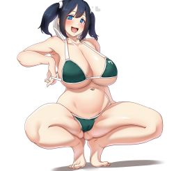 Rule 34 | 1girl, alternate costume, barefoot, bikini, blue eyes, blue hair, breasts, cameltoe, cleft of venus, collarbone, full body, green bikini, hair ribbon, heart, highres, huge breasts, kantai collection, konoshige (ryuun), looking at viewer, navel, open mouth, ribbon, shadow, simple background, solo, souryuu (kancolle), spread legs, squatting, swimsuit, twintails, white background