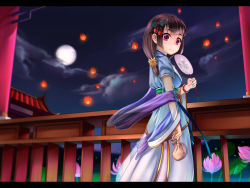 Rule 34 | 1girl, black hair, blush, calligraphy brush (medium), closed mouth, hand fan, fenyuat, highres, holding, holding fan, looking at viewer, mid-autumn festival, original, pink eyes, railing, short hair, short sleeves, smile, solo