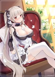Rule 34 | 1girl, azur lane, between breasts, blush, bow, breasts, chair, cleavage, closed mouth, collarbone, commentary request, day, detached collar, dress, formidable (azur lane), framed, frilled dress, frills, garter straps, hair bow, highres, large breasts, light rays, long hair, long sleeves, looking at viewer, maid, nose blush, red eyes, sasha chii, sidelocks, silver hair, sitting, solo, sunbeam, sunlight, thighhighs, twintails, very long hair, white thighhighs, window