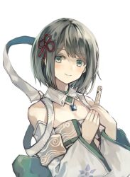 Rule 34 | 1girl, bare shoulders, closed mouth, commentary request, flute, green eyes, grey hair, highres, holding, holding flute, holding instrument, instrument, looking at viewer, medium hair, miyabi (xenoblade), natsuyuki, simple background, smile, solo, upper body, white background, wide sleeves, xenoblade chronicles (series), xenoblade chronicles 3